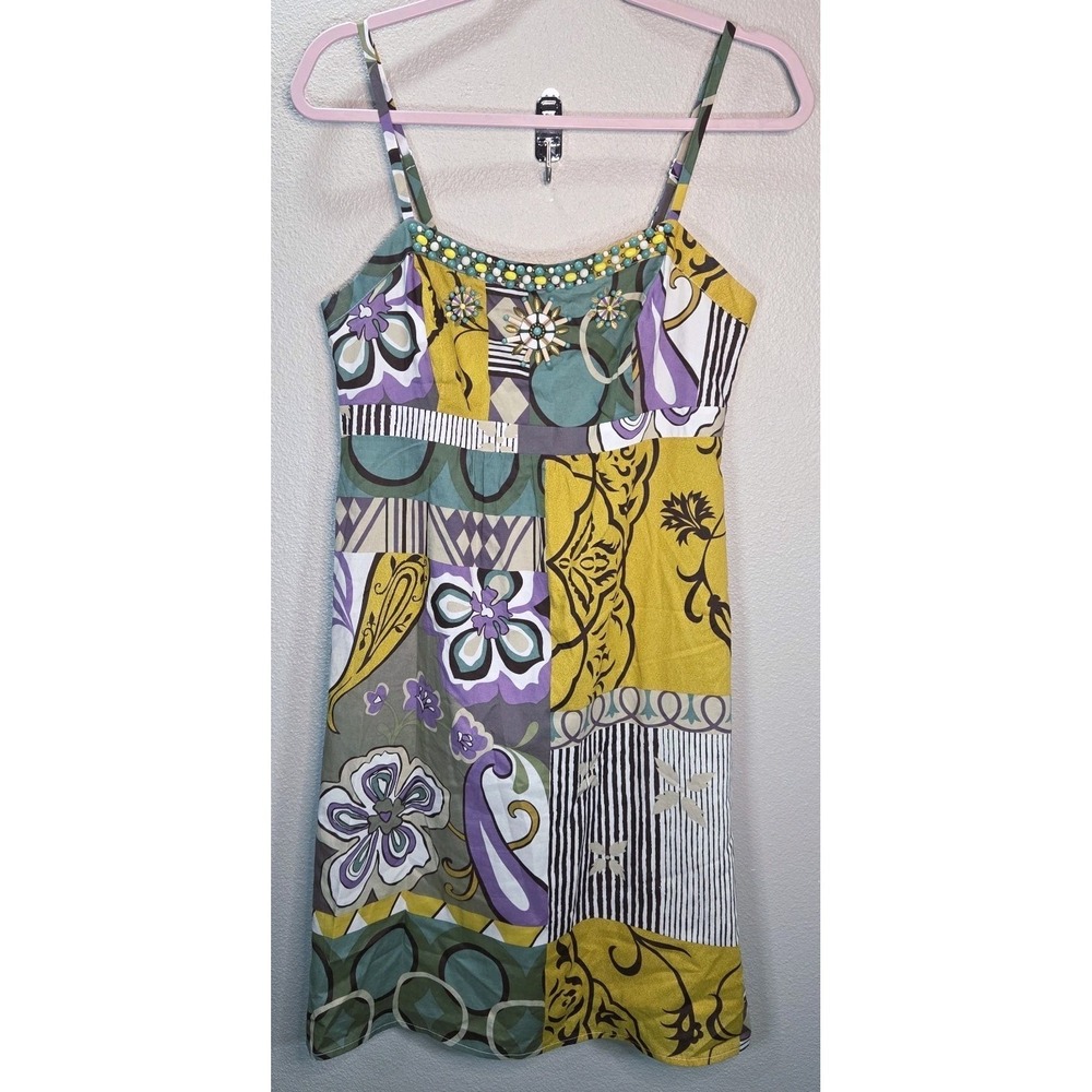 CAbi Patchwork Beaded Sundress Size 6 Boho Floral Print Spaghetti‎ Strap Dress